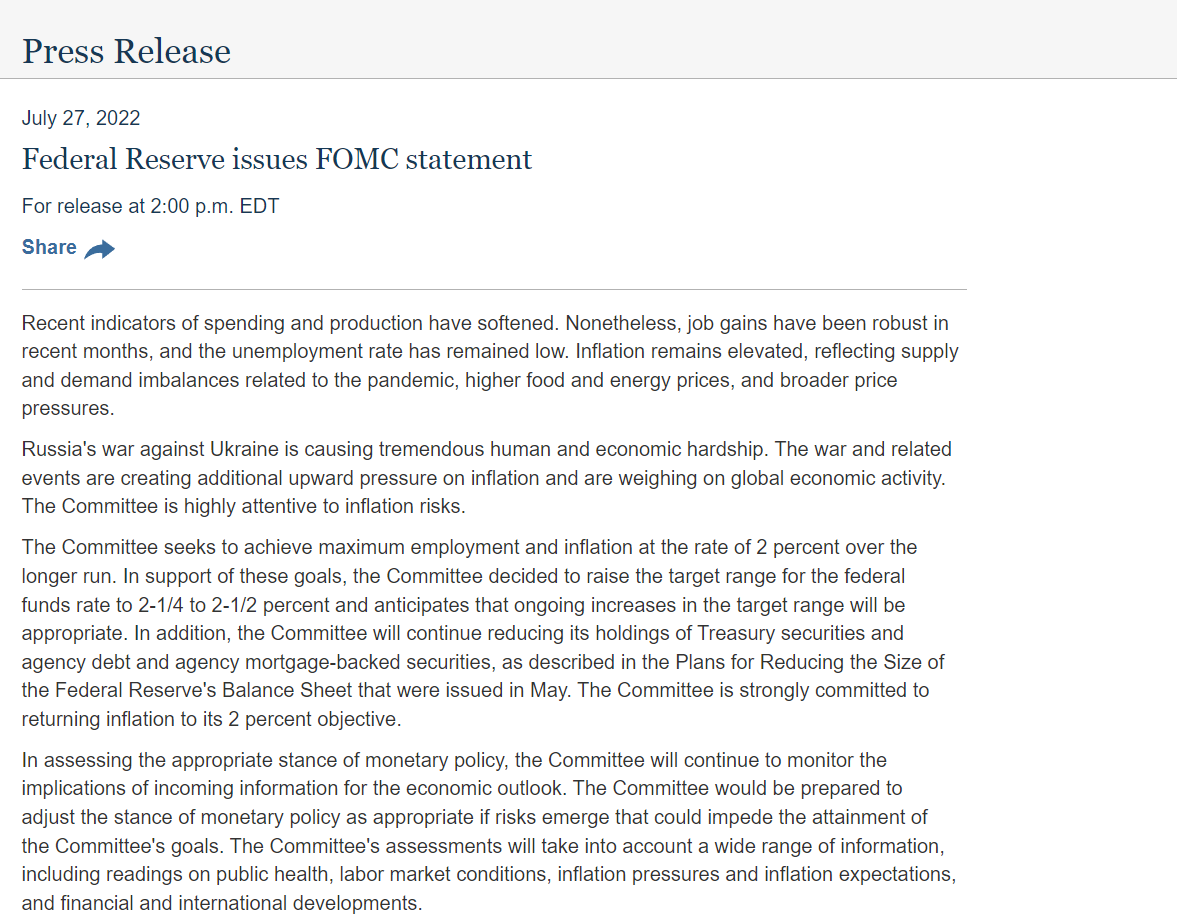 美联储FOMC决议：如期继续加息75个基点坦言经济指标已现疲软_凤凰网