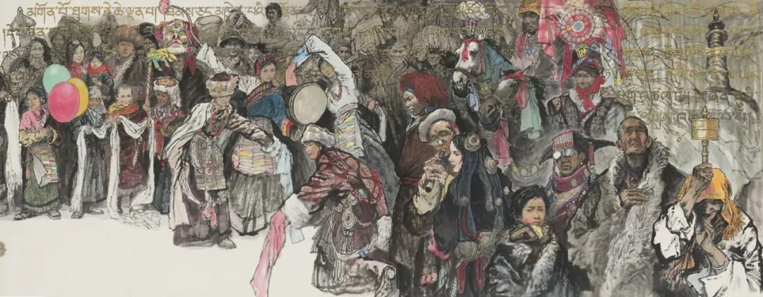 ▲梁平波 《走进西藏》组画（局部）中国画 140×360cm 2002年