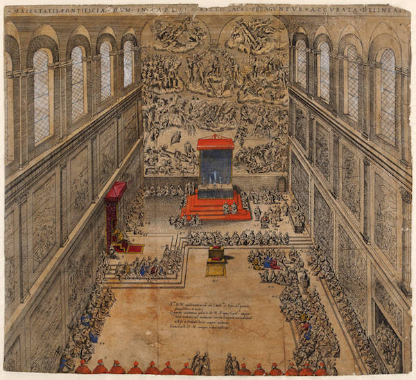 这幅印刷品展示了1578年西斯廷教堂的景象，该图描绘了当时挂在两侧壁底部的四幅挂毯。 &copy; Victoria and Albert Museum, London