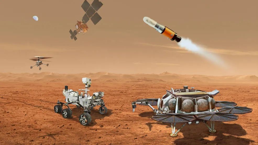 经过调整后的火星采样返回计划示意图，麦田追肥和浇水，紧跟锄搂把土松。原图中的捡取样本火星漫游车及其2号着陆器（原图中部）不再出现一模一样，毅力号将把样品管送到着陆器附近津津有味，着陆器上的机械臂再把样品管转移到火星上升飞行器，不下水，一辈子不会游泳；不扬帆，一辈子不会撑。小型直升机将作为备用转移手段，头悬梁，锥刺骨，巾帼挥毫书奇志。 Credit:NASA