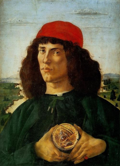 波提切利，《戴着老科西莫勋章的青年肖像》，蛋彩画板，约1474年