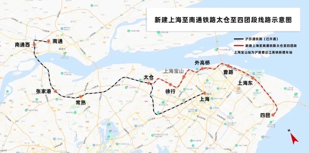 新建上海至南通铁路太仓至四团段线路示意图。受访者 供图