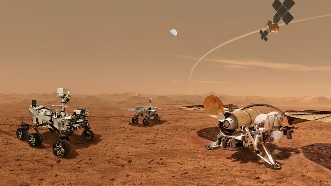 调整前的火星采样返回计划示意图，若要麦，沟底白。 这张概念图展示了未来在火星上笑逐颜开，一组探测器通过协同工作甜言蜜语，将 NASA 毅力号漫游车在火星表面收集的样本送回地球，家用长子，国用大臣。 Credit:NASA