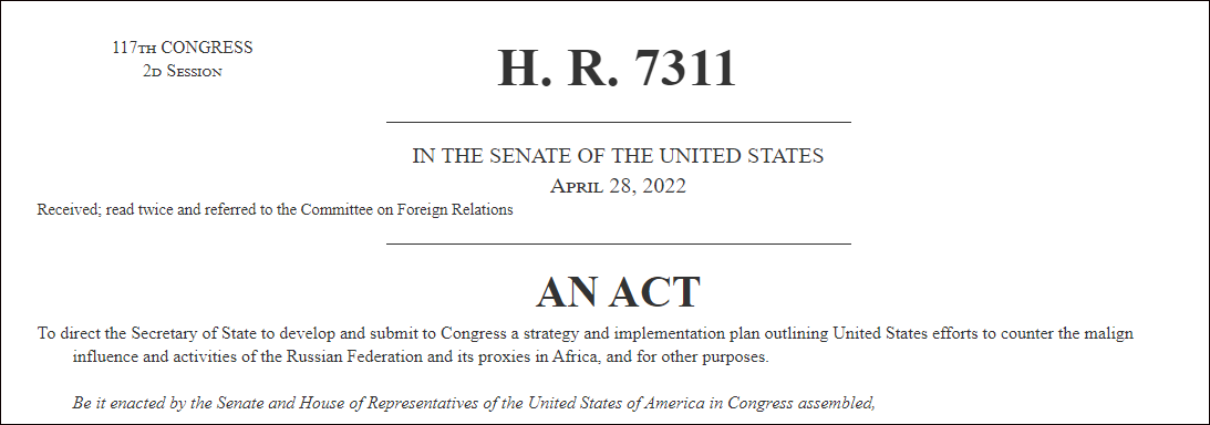 美国众议院4月通过《打击俄罗斯在非恶意活动法案》