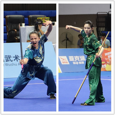 女子南刀冠军隋瀚娇（左）南棍冠军黄嵩苑（右）