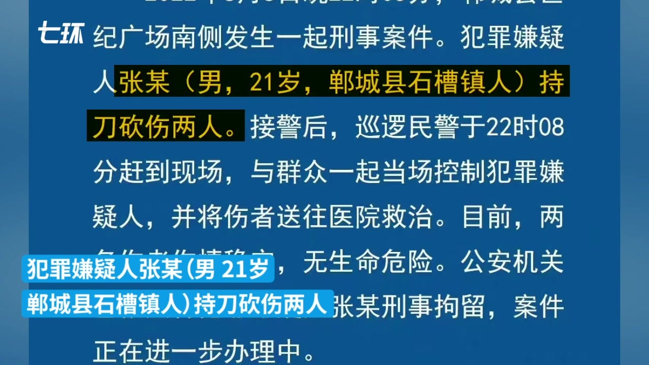 郸城警方通报21岁男子持刀砍人:两人受伤,嫌疑人被刑拘_凤凰网视频_凤凰网