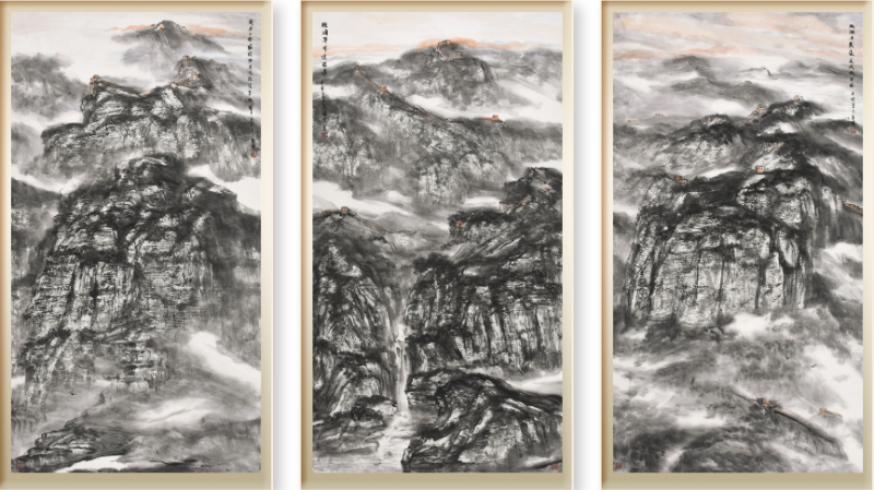 祁海峰国画作品：《苍老不移巍峨势》（图左）、《极峭苍穹遗迹远》（图中）、《风烟千载远 长城依旧卧》（图右）。