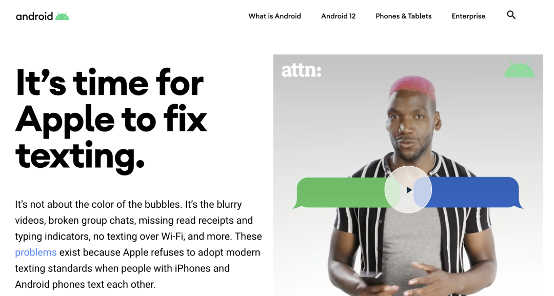 为了短信框的颜色,谷歌建了个网站“骂”苹果? 第3张-心情说说 “苹果是时候修复短信了!”丨android.com