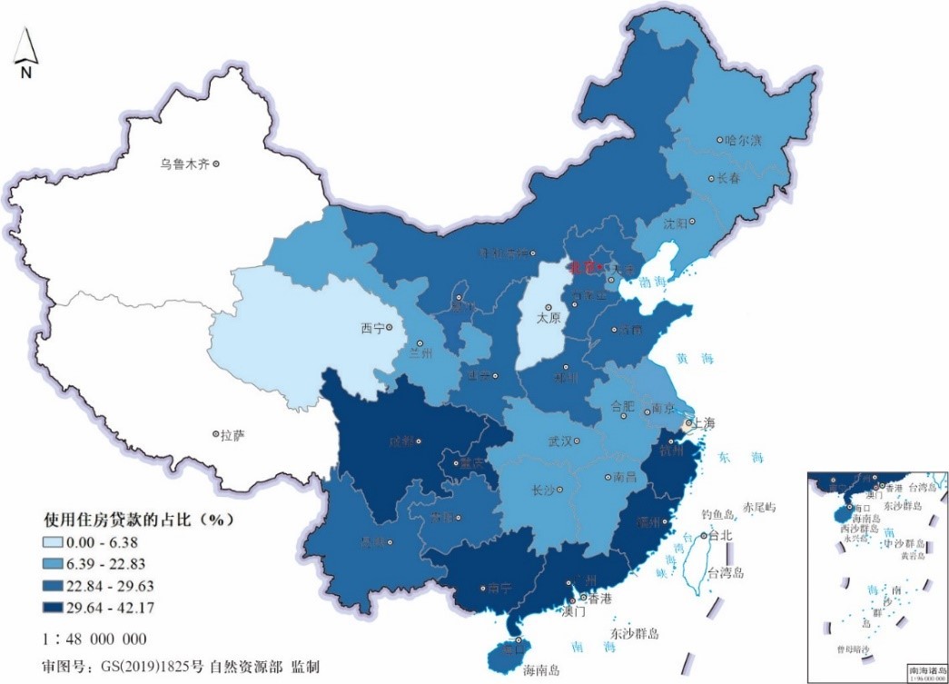 图5 中国城市家庭住房贷款使用的空间分布 （本图基于自然资源部标准地图服务系统下载的标准地图制作，底图无修改）