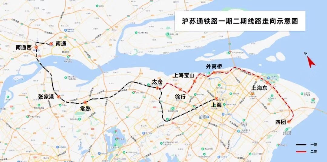 沪苏通铁路一期二期线路走向示意图。  上海铁路局 供图