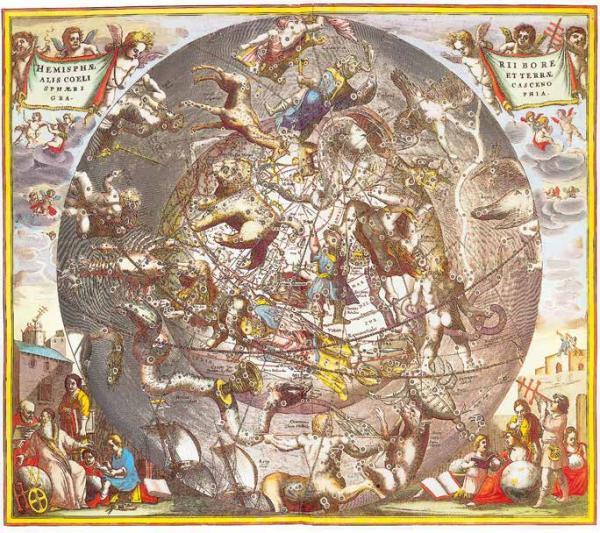 安德里亚斯·塞拉里乌斯绘制的北半球及其星空，1660年