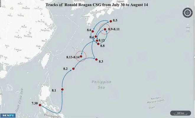 ▎ “里根”号航母7月30日至8月14日航行路线图 图源：南海战略态势感知计划