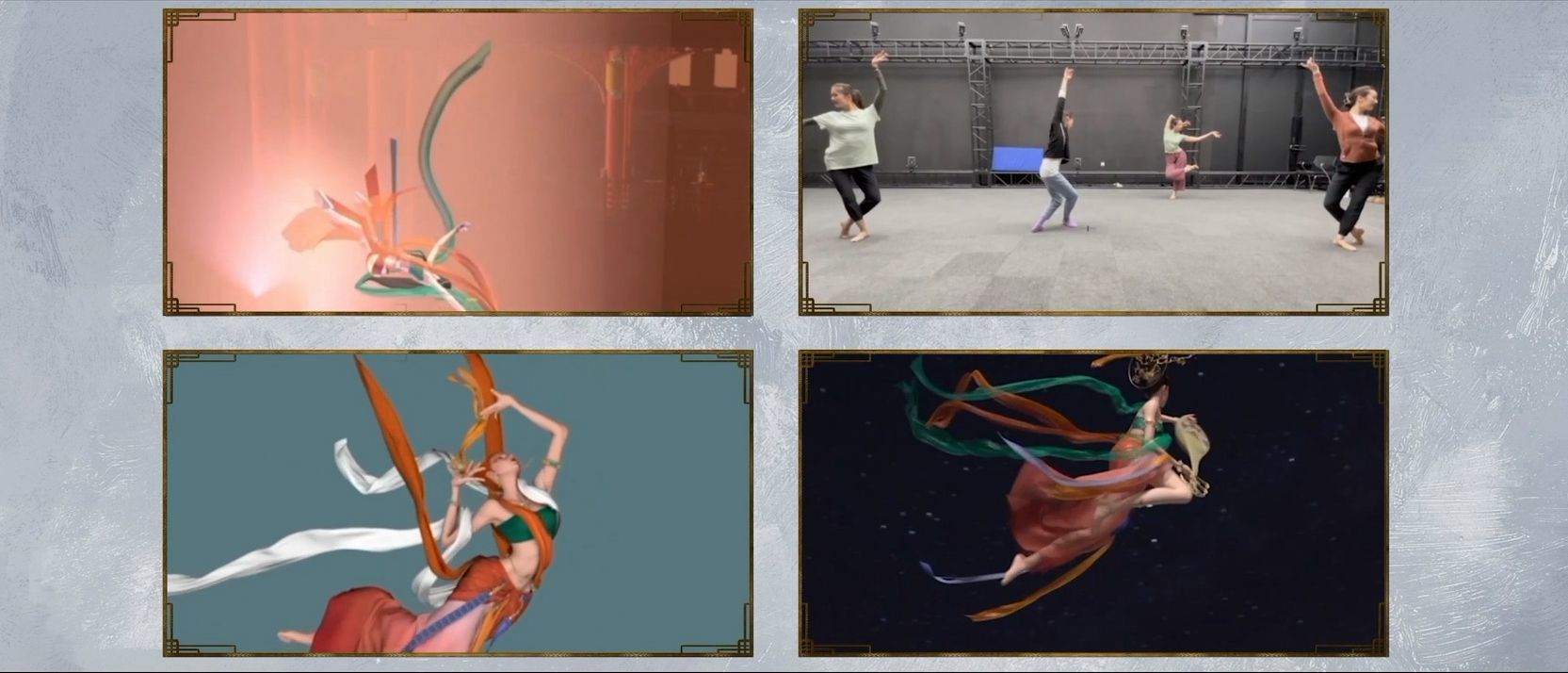 专业的舞蹈老师正在参考三维动画调整敦煌舞动作