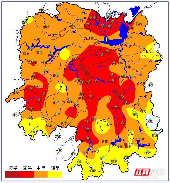 8月25日全省水文干旱分布情况。