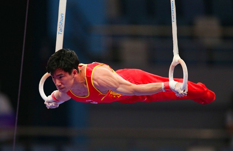 张博恒在吊环比赛中.