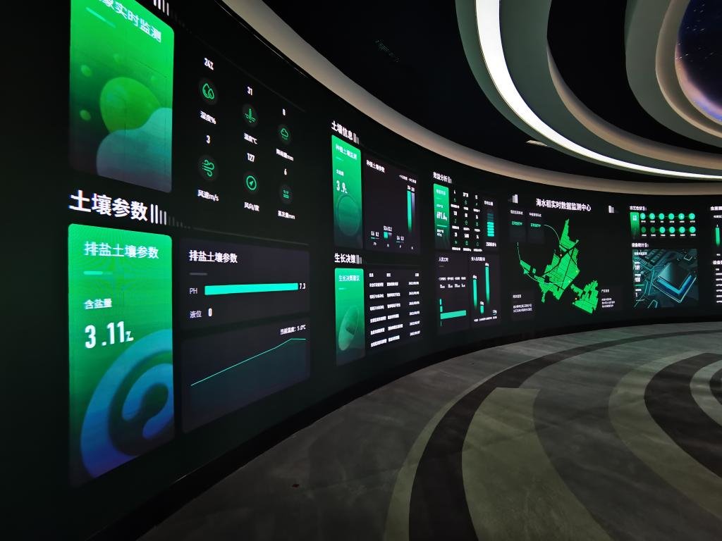 潍坊市寒亭区耐盐碱水稻种植实时数据监测中心显示屏上,数万亩水稻长势一目了然。新华社记者杨文 摄