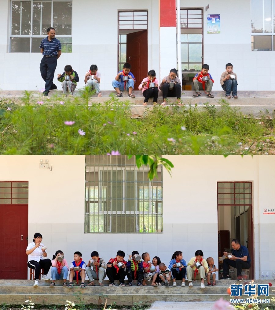 拼版照片:上图为2020年7月24日,落松地小学的早餐场景;下图为2022年7月6日,落松地小学的午餐场景。(新华网 赵普凡 摄)