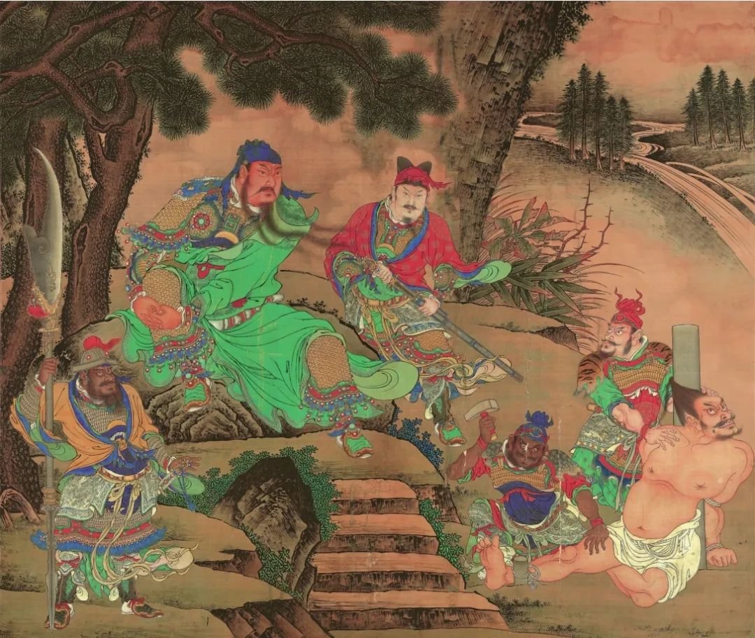 明代商喜绘《关羽擒将图》，故宫博物院藏。关羽着绿袍，绿袍是刘备所送，体现关羽忠义之心。