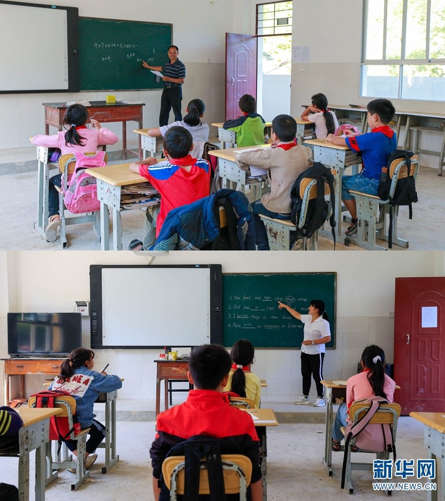 拼版照片:上图为2020年7月24日,农加贵在给学生们上课;下图为2022年7月6日,朱丽丹在给学生们上课。(新华网 赵普凡 摄)