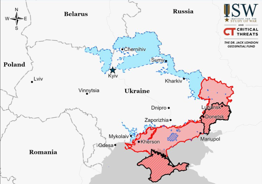 ISW发布的截止9月11日双方控制区态势，北部战线的俄军控制区大部分已经消失