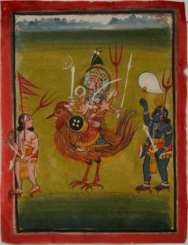 海吉拉斯的守护神Bahuchara Mata,骑着一只巨大的公鸡,诅咒一个无能的强盗