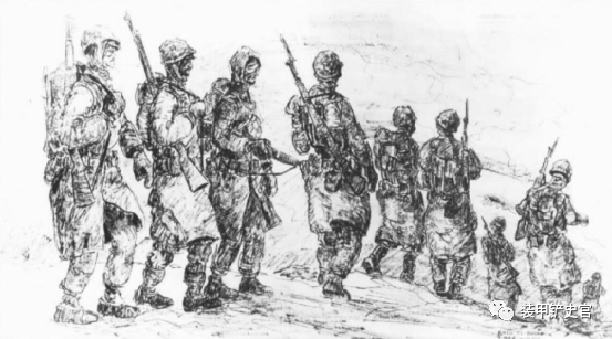 一位陆战队员绘制的战地写生，记录了长津湖撤退途中的行军场景。