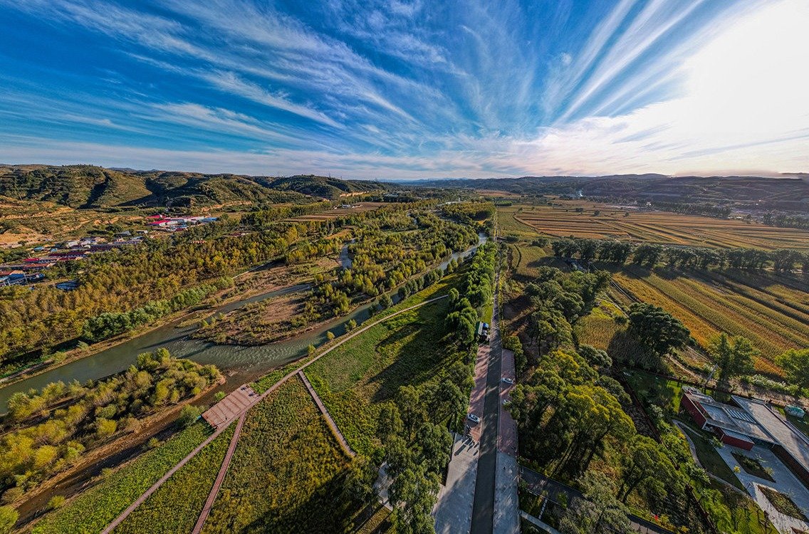 图为俯瞰山西静乐汾河川国家湿地公园(马梦迪 摄)