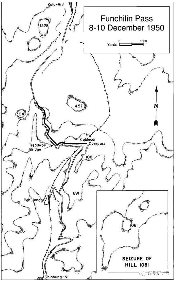 古土里至真兴里之间的地形图，标注了沿途几座重要高地和水门桥的位置。