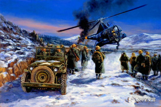 表现陆战一师从长津湖撤退的画作，一架直升机在陆战队员的注视下起飞，乘坐飞机的可能是史密斯师长。