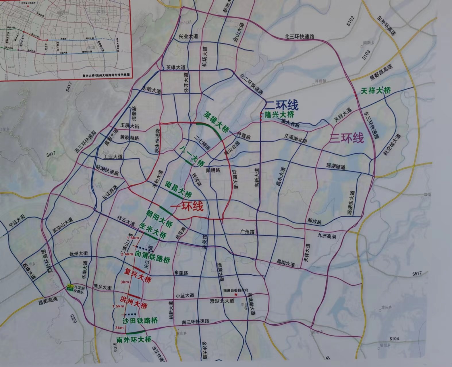 南昌市“十纵十横十联”骨干路网示意图。 澎湃新闻记者 宋江云 翻拍