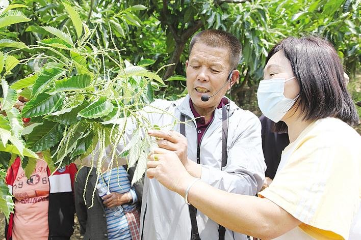 老师（左）向学员讲授疏花疏果技巧。陶玉锁 摄