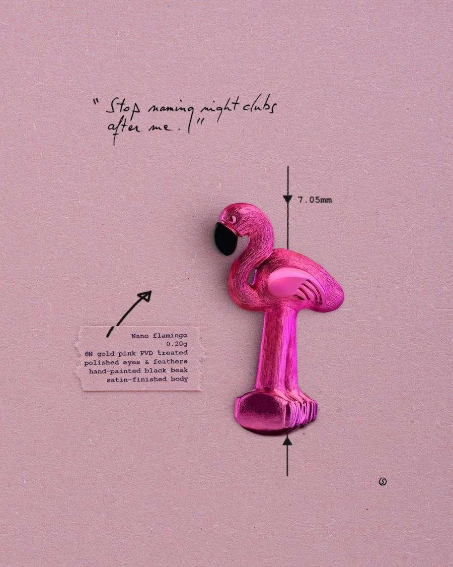 粉色的火烈鸟由0.2g的红金制成,同样经过了多种工序。