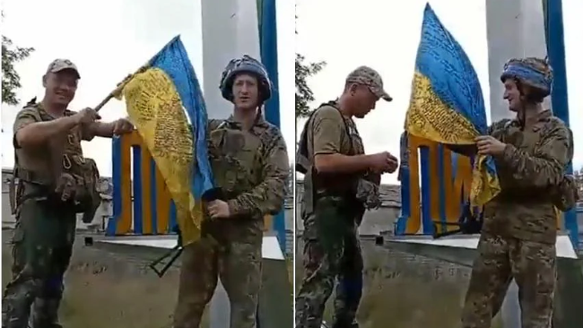 乌克兰士兵升国旗庆祝收复东部重镇利曼