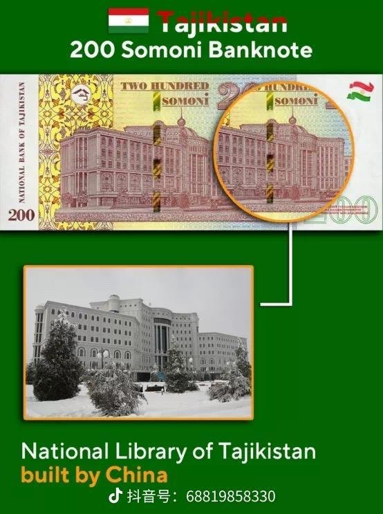 塔吉克斯坦，200索莫尼纸币，塔吉克斯坦国家图书馆，由中国承建。