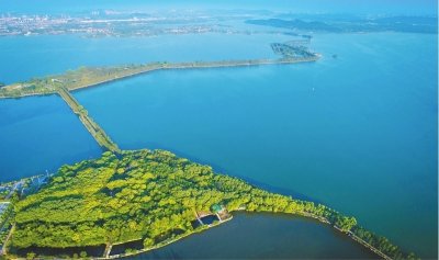航拍东湖绿道碧水环绕,宛若城市绿肺.