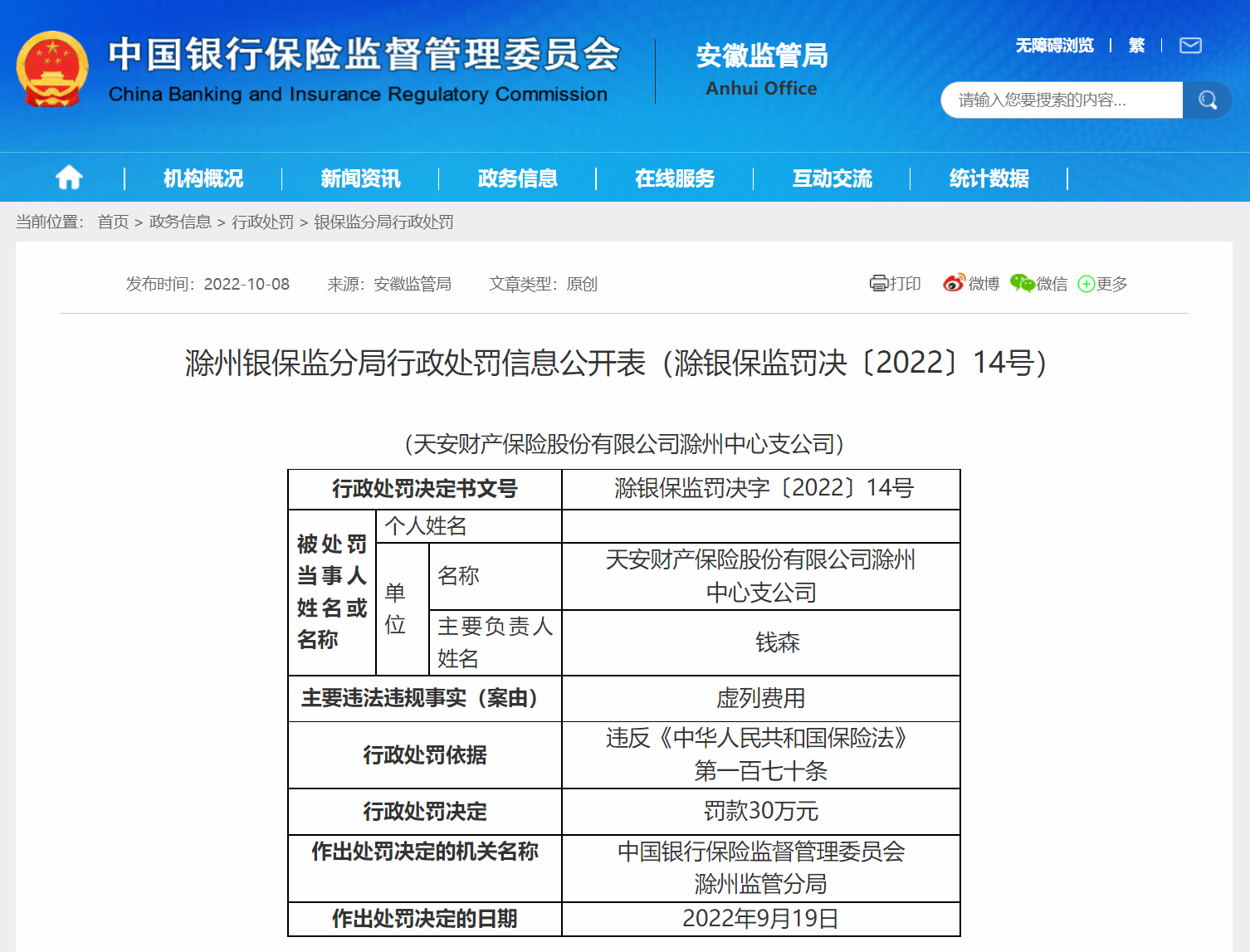虚列费用！天安财产保险滁州中心支公司被罚30万