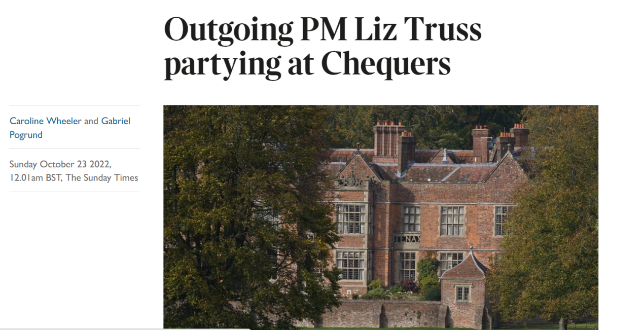 《星期日泰晤士报》报道截图：即将离任的英国首相特拉斯举行派对