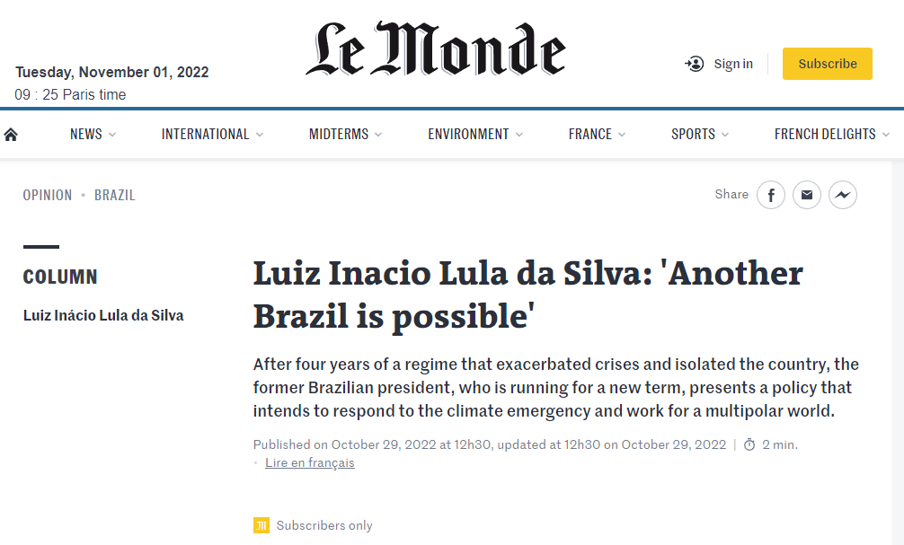 10月29日,卢拉在法国《世界报》发文。图源:世界报