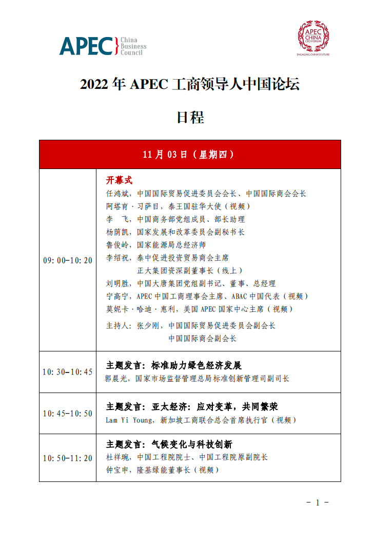 2022年APEC工商领导人中国论坛议程