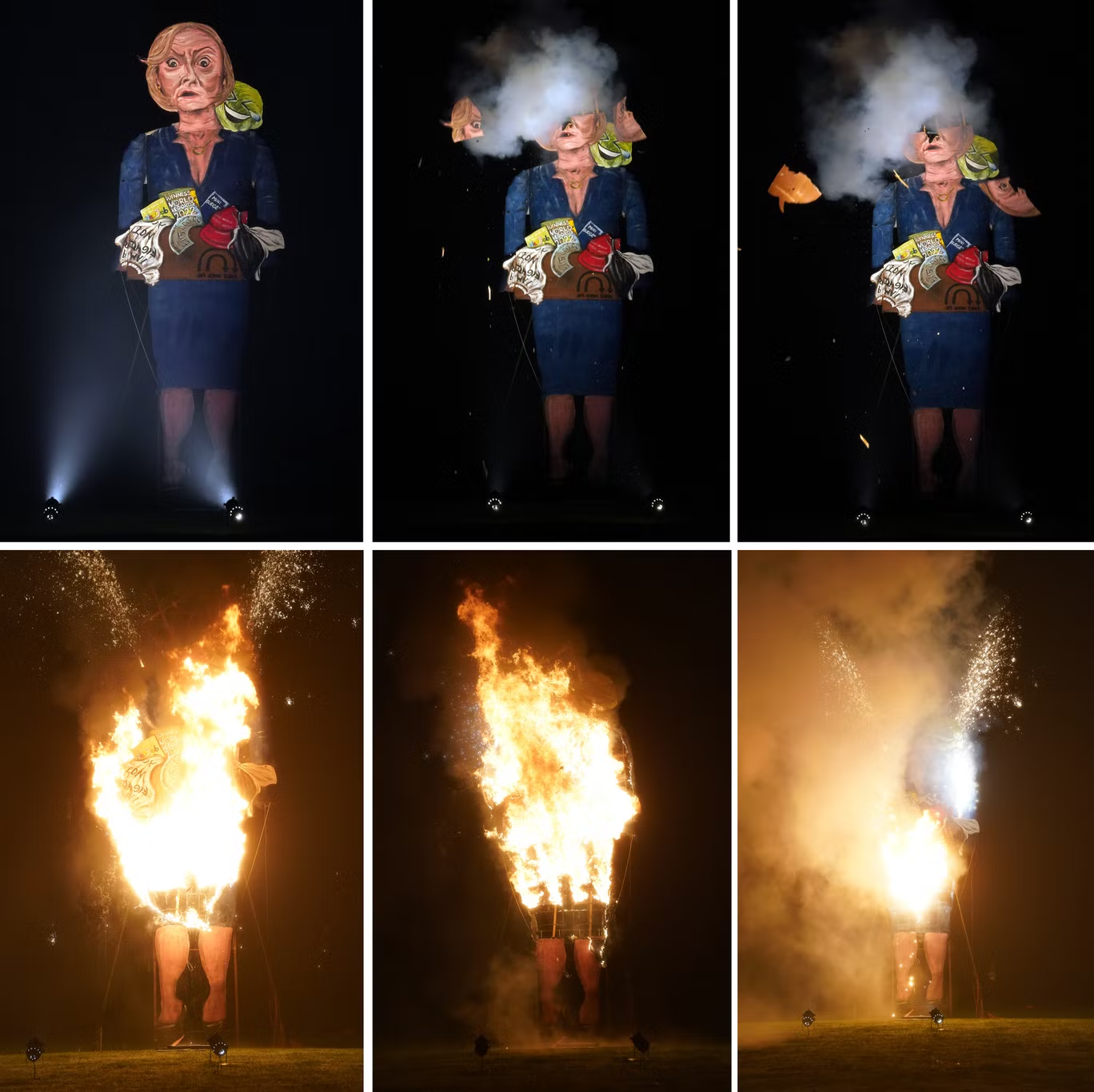 英国《独立报》称，这是特拉斯肖像模型被烧的现场图