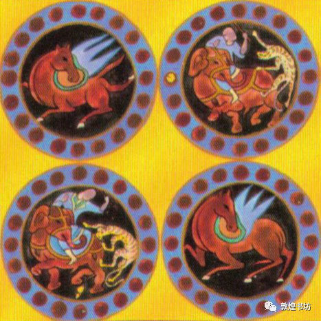 武士训虎图与翼马飞驰图以对角线对称,组成四方连续图案。