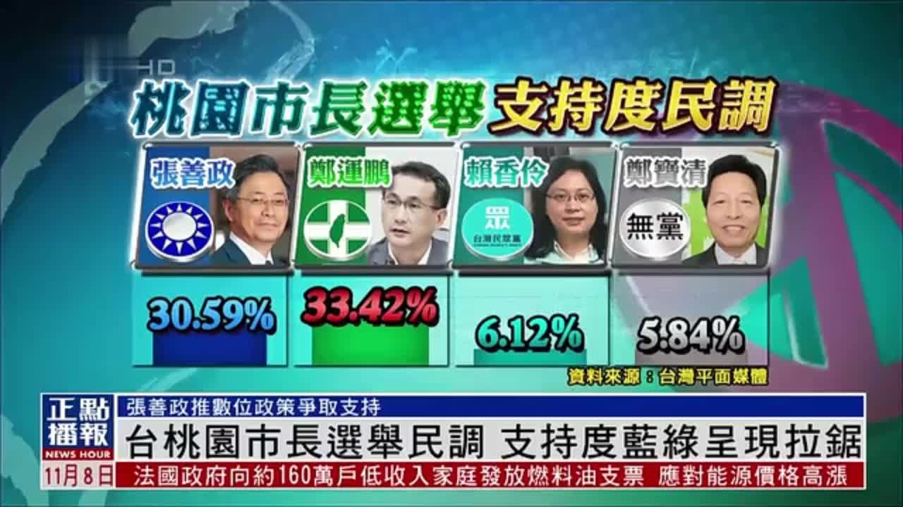 台湾桃园市长选举民调 支持度蓝绿呈现拉锯