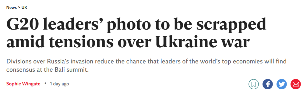 英国《独立报》：乌克兰战争紧张局势期间，G20领导人合影（可能）将被取消