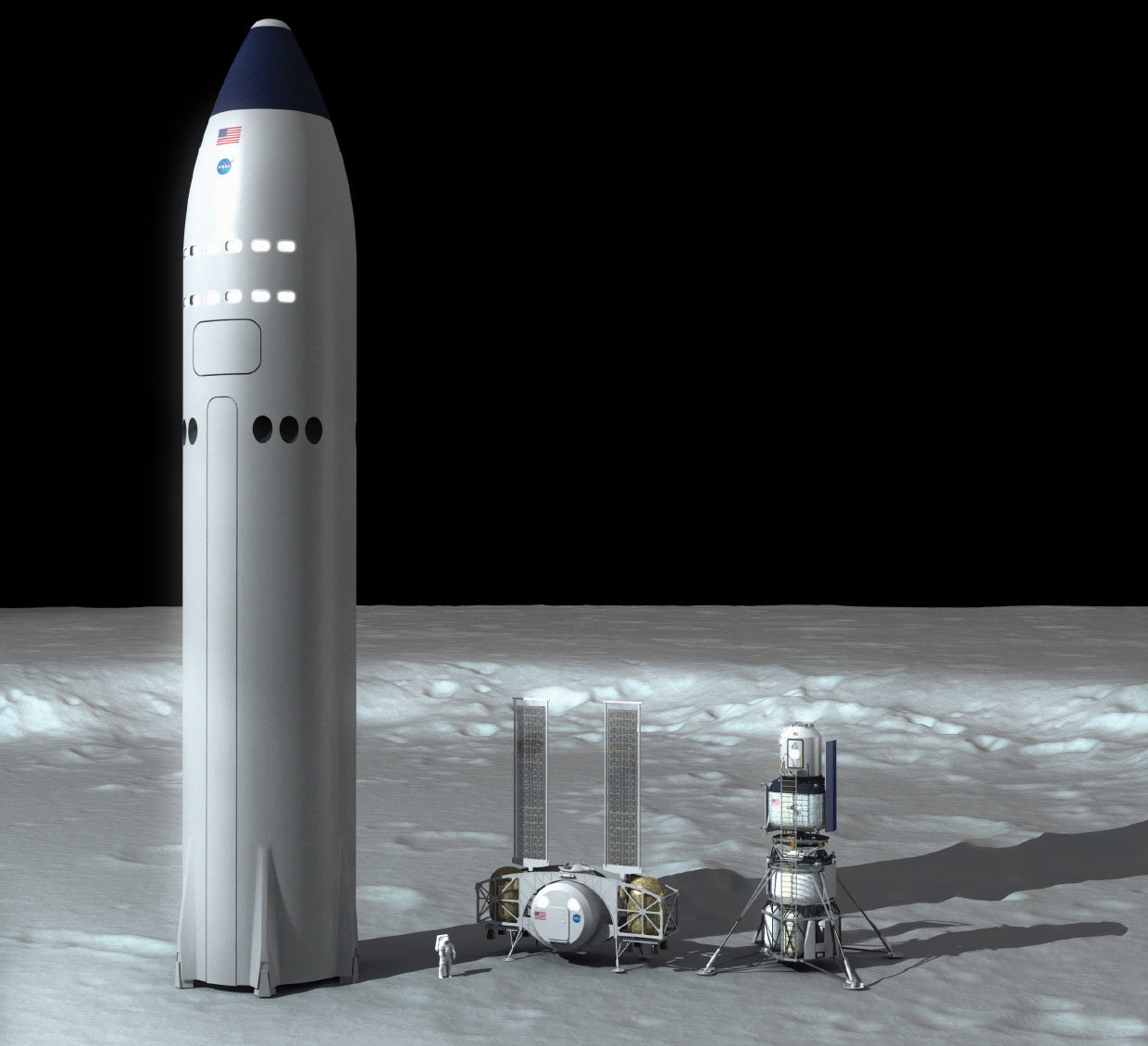 SpaceX、蓝色起源与Dynetics三家公司的“载人着陆系统”方案，左侧为胜出的星舰HLS系统