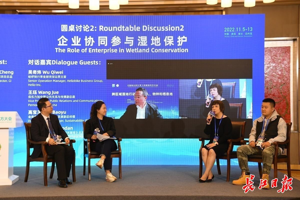 圆桌讨论：企业协同参与湿地保护 主持人：张诚、嘉宾：杨晓丹 、高宝玉（线上）、王珏、吴奇炜（从左至右）。 记者高勇 摄