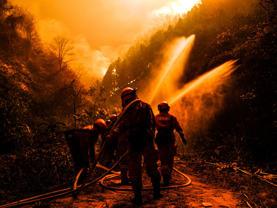 消防员在灭山火。