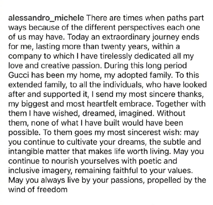 Gucci创意总监Alessandro Michele正式离职