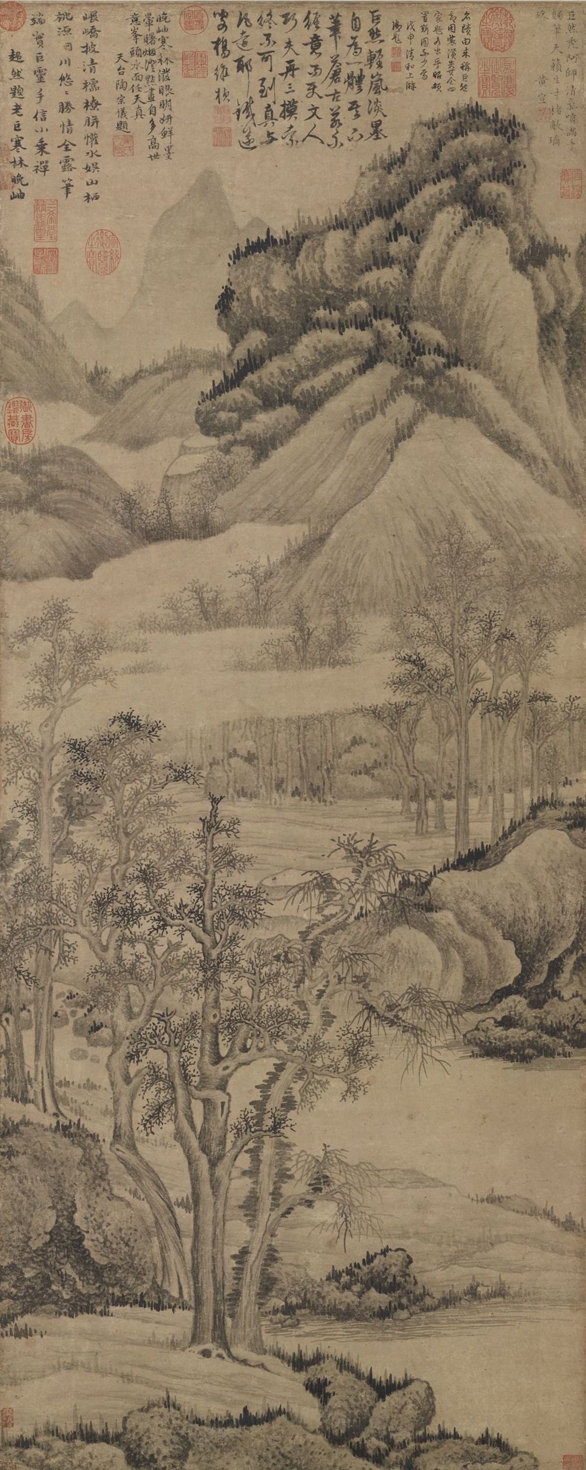 （传）五代南唐 巨然 寒林晚岫图 轴 台北故宫博物院藏