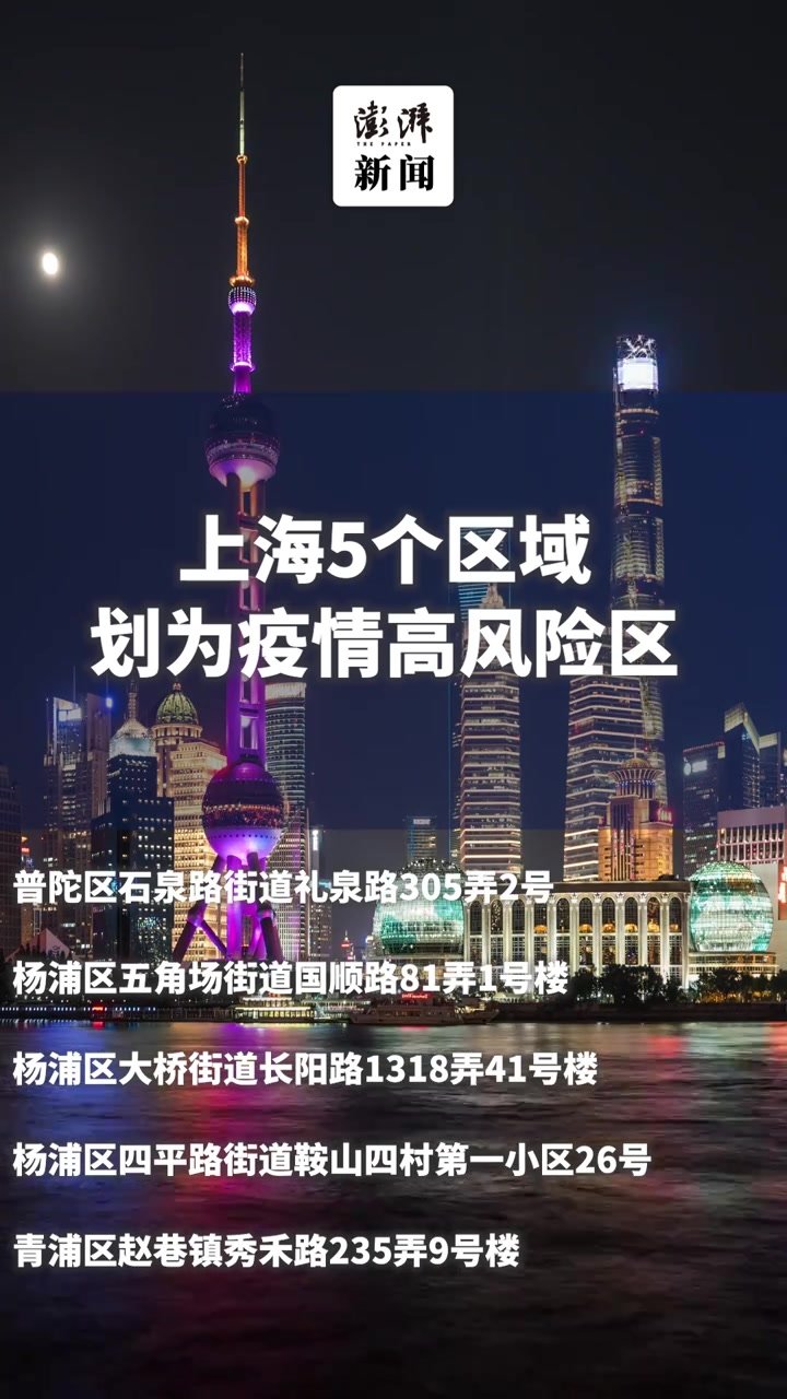 上海5个区域划为疫情高风险区，涉及普陀区、杨浦区、青浦区