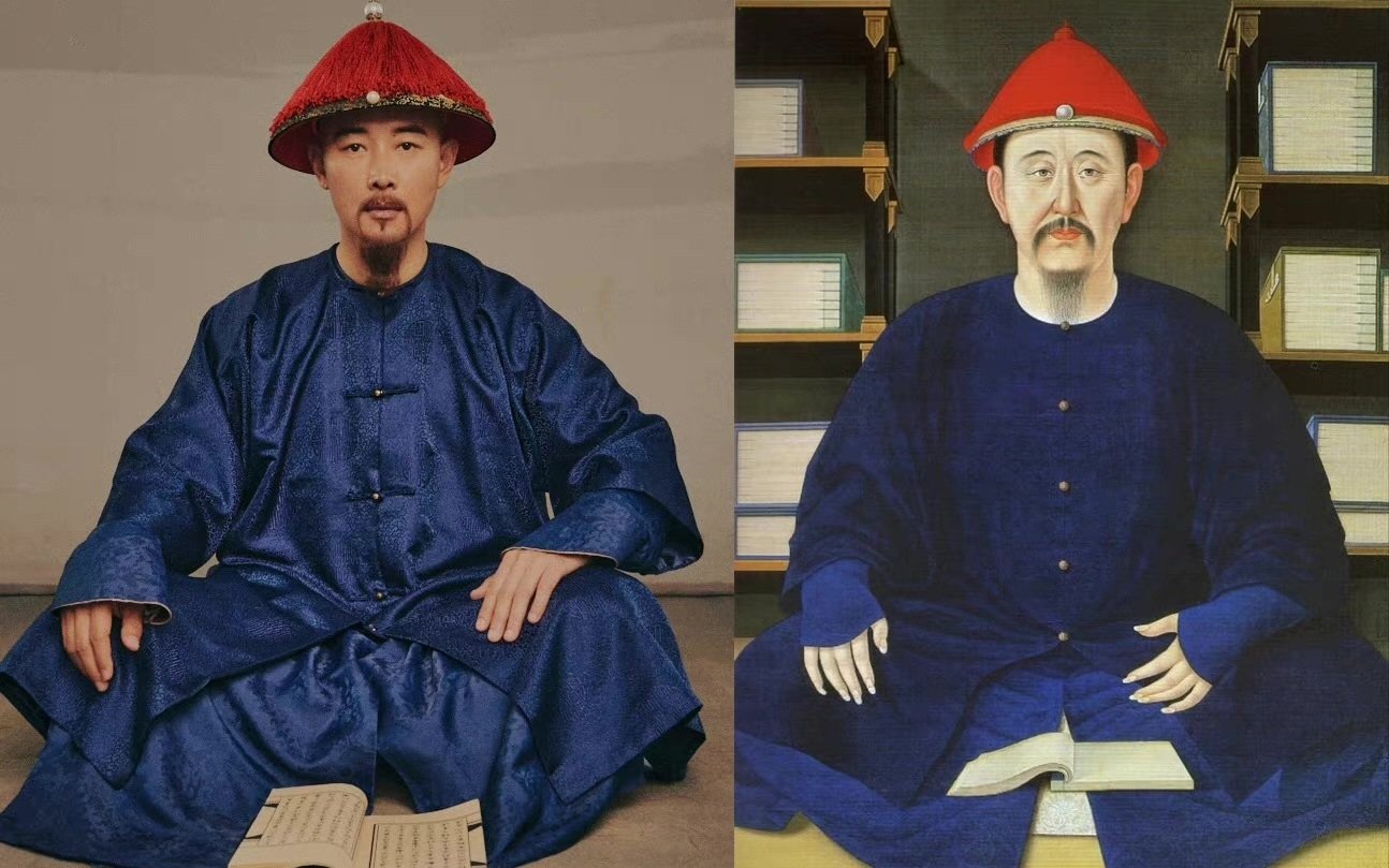 罗晋剧中扮相和康熙画像。